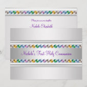 Invitation Première communion fille Violet Blanc Rhinestones (Devant / Derrière)