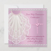 Invitation Première communion fille voile rose perle rose (Devant)