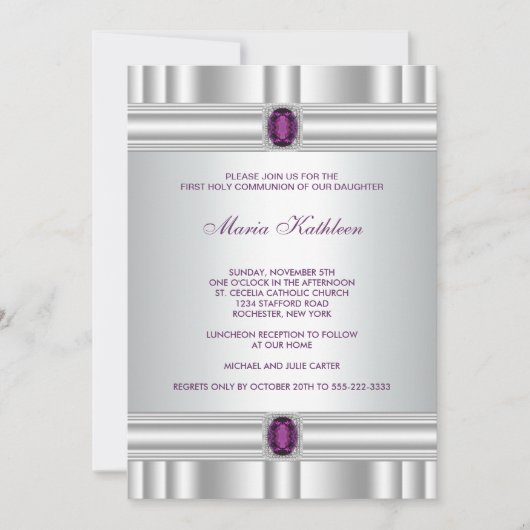 Invitation Première communion filles blanc violet (Devant)