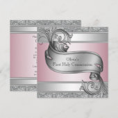 Invitation Première communion filles rose et gris (Devant / Derrière)