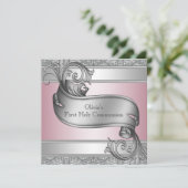 Invitation Première communion filles rose et gris (Debout devant)