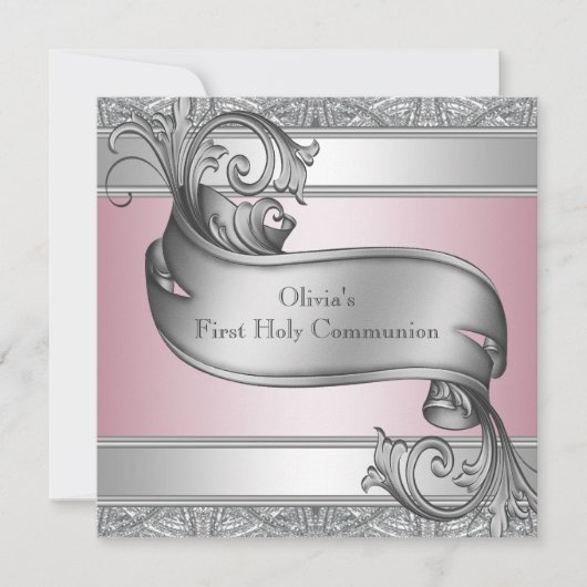 Invitation Première communion filles rose et gris (Devant)