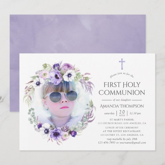 Invitation Première communion Fleur Violet Poussiéreux (Devant / Derrière)