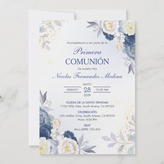 Invitation Première communion Fleurs Blanches Première Commun (Devant)