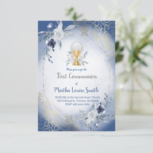 Invitation première communion fleurs d'aquarelle bleue (Debout devant)