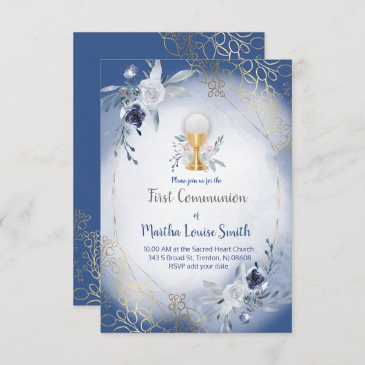 Invitation première communion fleurs d'aquarelle bleue (Devant / Derrière)