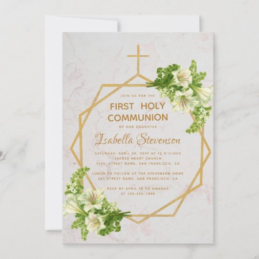 Invitation Première communion Floral Gold Cross Lilies Marbre (Devant)