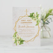 Invitation Première communion Floral Gold Cross Lilies Marbre (Debout devant)