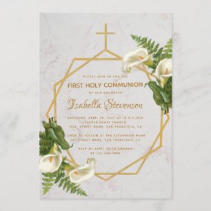 Invitation Première communion Floral Marbre Or Calla Lilies
