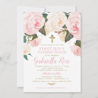 Invitation Première Communion, Floral Rose Or