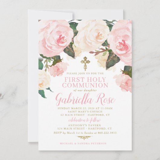 Invitation Première Communion, Floral Rose Or (Devant)