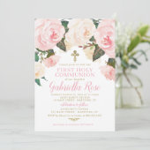 Invitation Première Communion, Floral Rose Or (Debout devant)