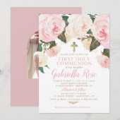 Invitation Première Communion, Floral Rose Or (Devant / Derrière)