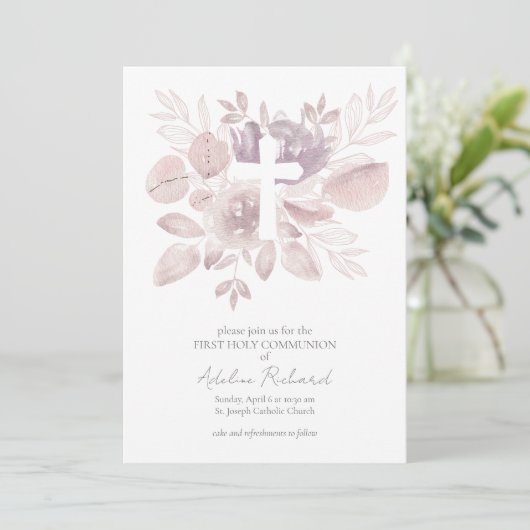 Invitation Première communion florale aquarelle (Debout devant)