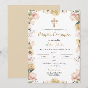 Invitation Première communion florale beige