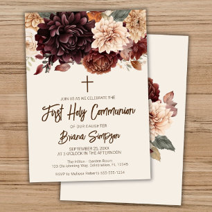 Invitation Première communion florale beige marron ivoire