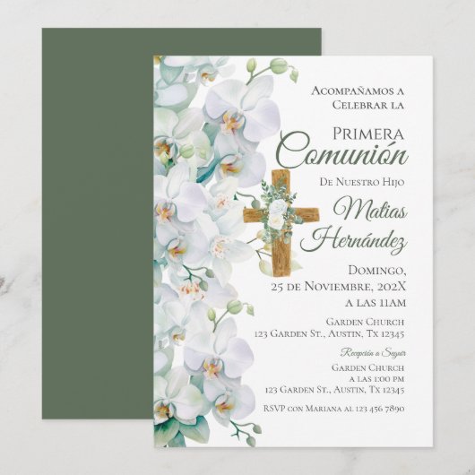 Invitation Première communion florale blanc et verdure (Devant / Derrière)