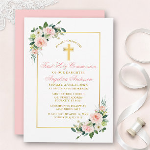 Invitation Première communion florale blanche rose aquarelle