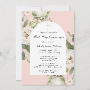 Invitation Première communion florale blanche sur fond rose