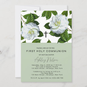 Invitation Première communion florale blanche verte moderne