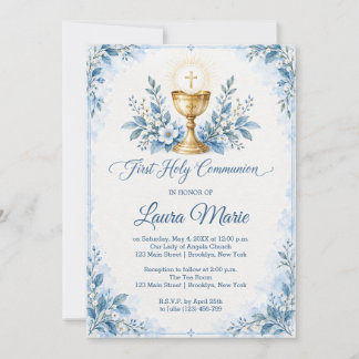 Invitation Première communion florale bleu aquarelle