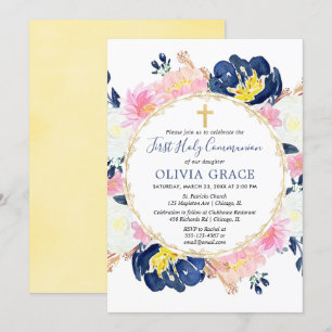 Invitation Première communion florale bleu bleu bleu bleu ble