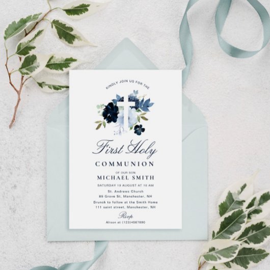 Invitation première communion florale bleu marine et poussiér