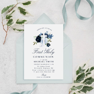 Invitation première communion florale bleu marine et poussiér