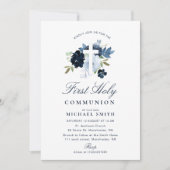 Invitation première communion florale bleu marine et poussiér (Devant)