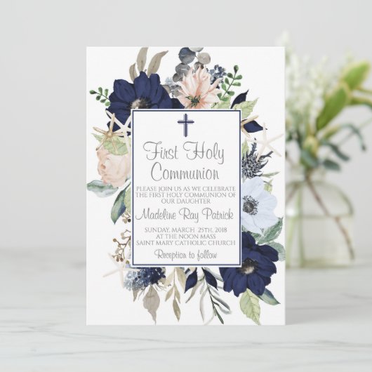 Invitation Première communion florale bleue (Debout devant)