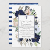 Invitation Première communion florale bleue (Devant / Derrière)