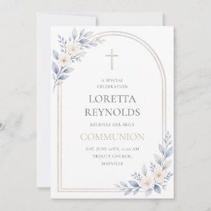 Invitation Première communion florale bleue élégante avec arc