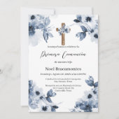 Invitation Première communion florale bleue en espagnol (Devant)