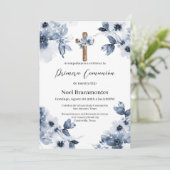 Invitation Première communion florale bleue en espagnol (Debout devant)