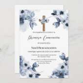 Invitation Première communion florale bleue en espagnol (Devant / Derrière)