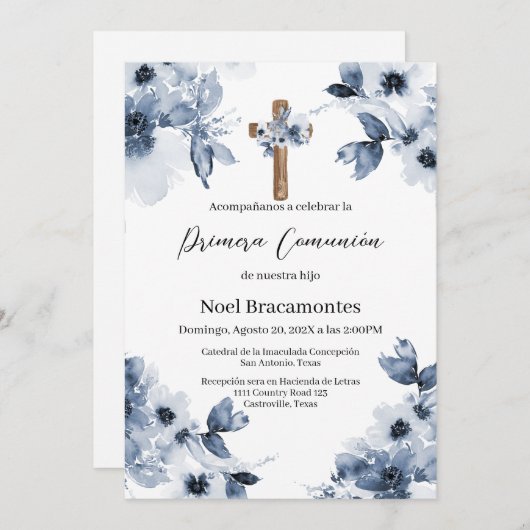 Invitation Première communion florale bleue en espagnol (Devant / Derrière)