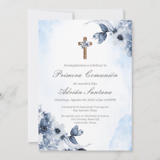 Invitation Première communion florale bleue en espagnol (Devant)