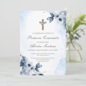 Invitation Première communion florale bleue en espagnol (Debout devant)