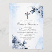 Invitation Première communion florale bleue en espagnol (Devant / Derrière)