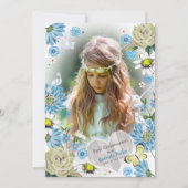 Invitation Première communion florale bleue et verte élégante (Devant)