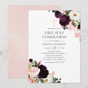 Invitation Première communion florale Bourgogne et rose tendr