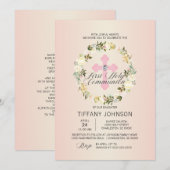 Invitation Première Communion Florale Croix Rose FILLE + POEM (Devant / Derrière)