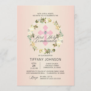 Invitation Première Communion Florale Croix Rose FILLE + POEM