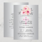 Invitation Première Communion Florale Croix Rose FILLE + POEM (Devant / Derrière)