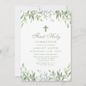 Invitation Première communion florale de verdure aquarelle ru (Devant)