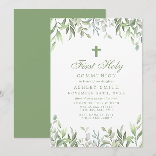 Invitation Première communion florale de verdure aquarelle ru (Devant / Derrière)