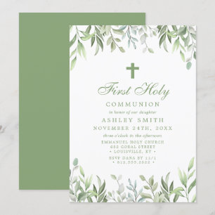 Invitation Première communion florale de verdure aquarelle ru