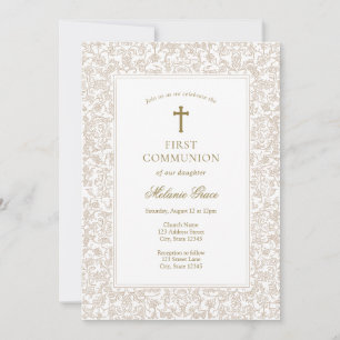 Invitation Première communion florale élégante en or traditio