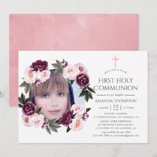Invitation Première communion florale en velours profond et r