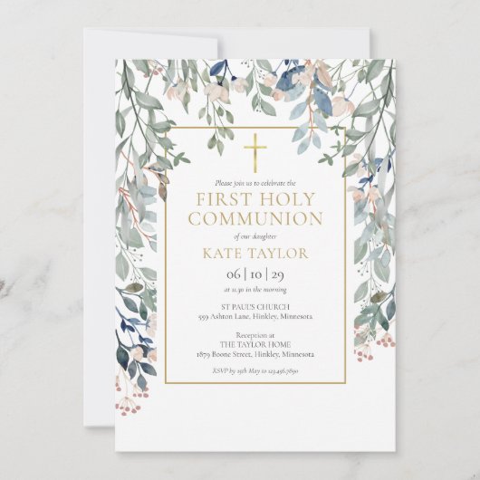 Invitation Première communion florale feuillage (Devant)